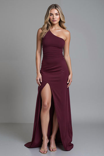 Burgundy One Shoulder Sheath Long Formal Dress with Slit